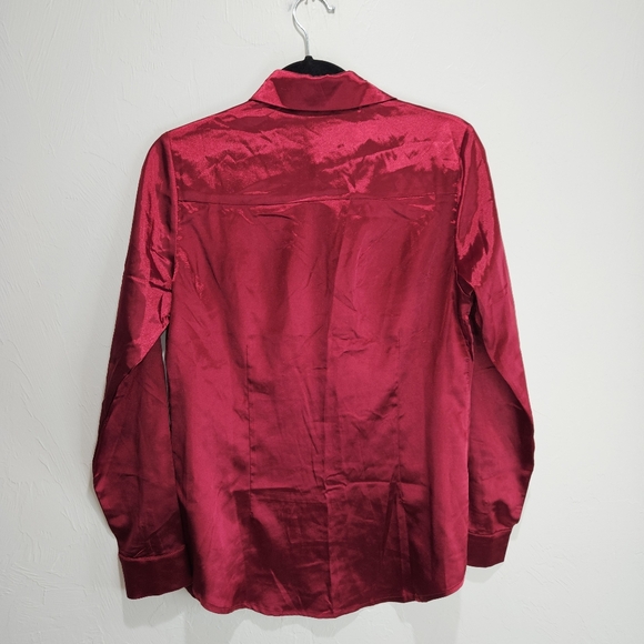 Lucca Wildfang Satin Shirt Button Up Long Sleeve Blouse Maroon Red Silky Small - Picture 7 of 16